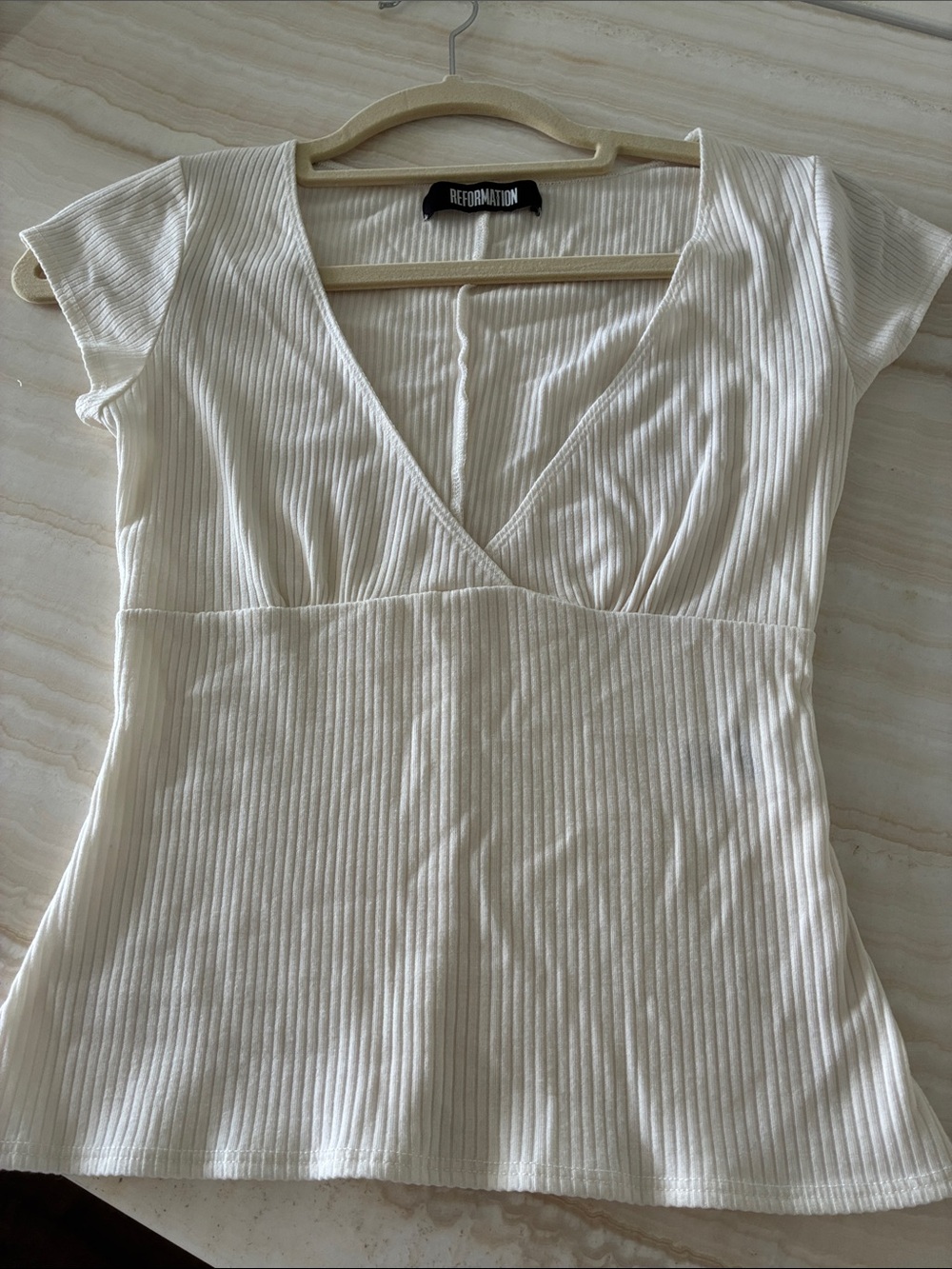 Reformation Ivory Ribbed V-Neck Cap Sleeve Top